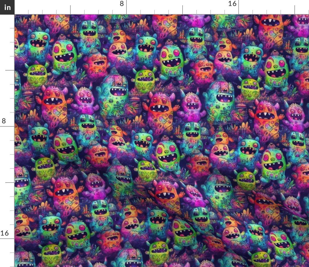 Small Cute Halloween Monster Watercolor Doodles in  Bright Colors Fabric