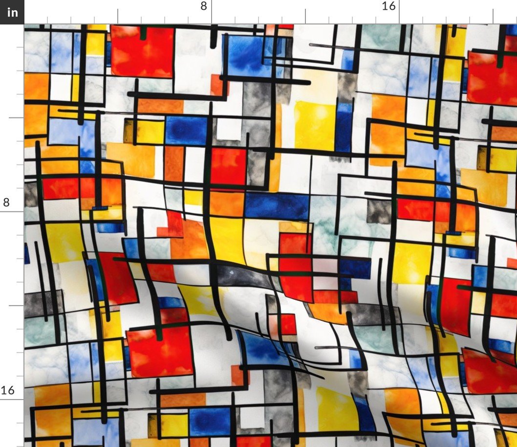Small De Stijl Geometric Primary Color Pattern in Watercolor Fabric