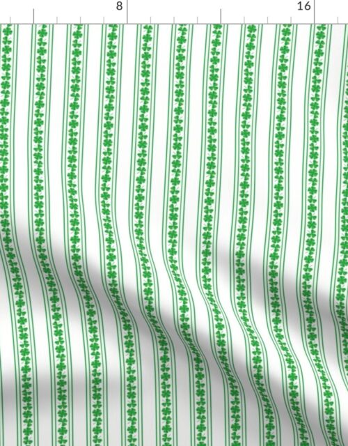 Small Double Striped St. Patricks 3 and 4-Leafed Shamrocks in Kelly Green on White Fabric