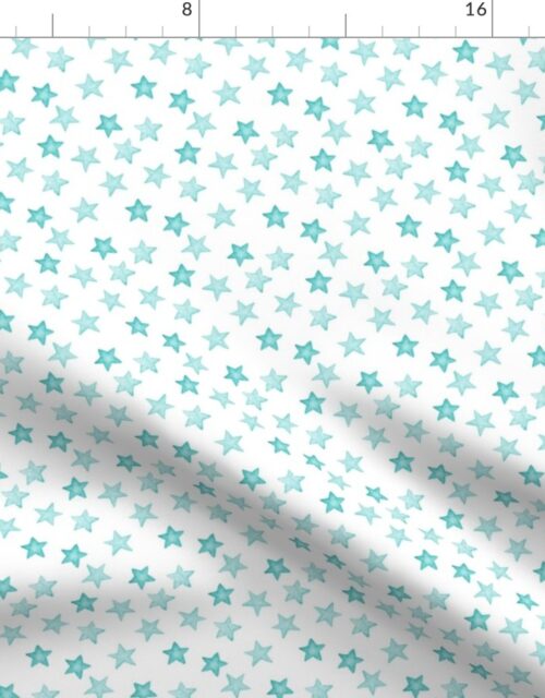 Small Faded Aqua Christmas Stars on White Fabric