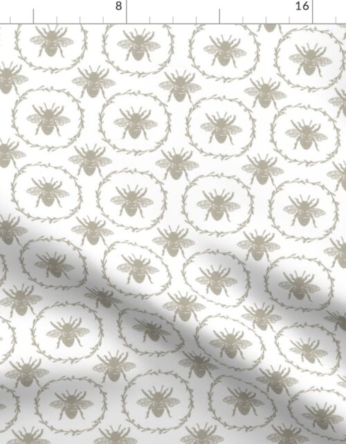 Small French Provincial Bees in Laurel Wreaths in Beige on White Fabric