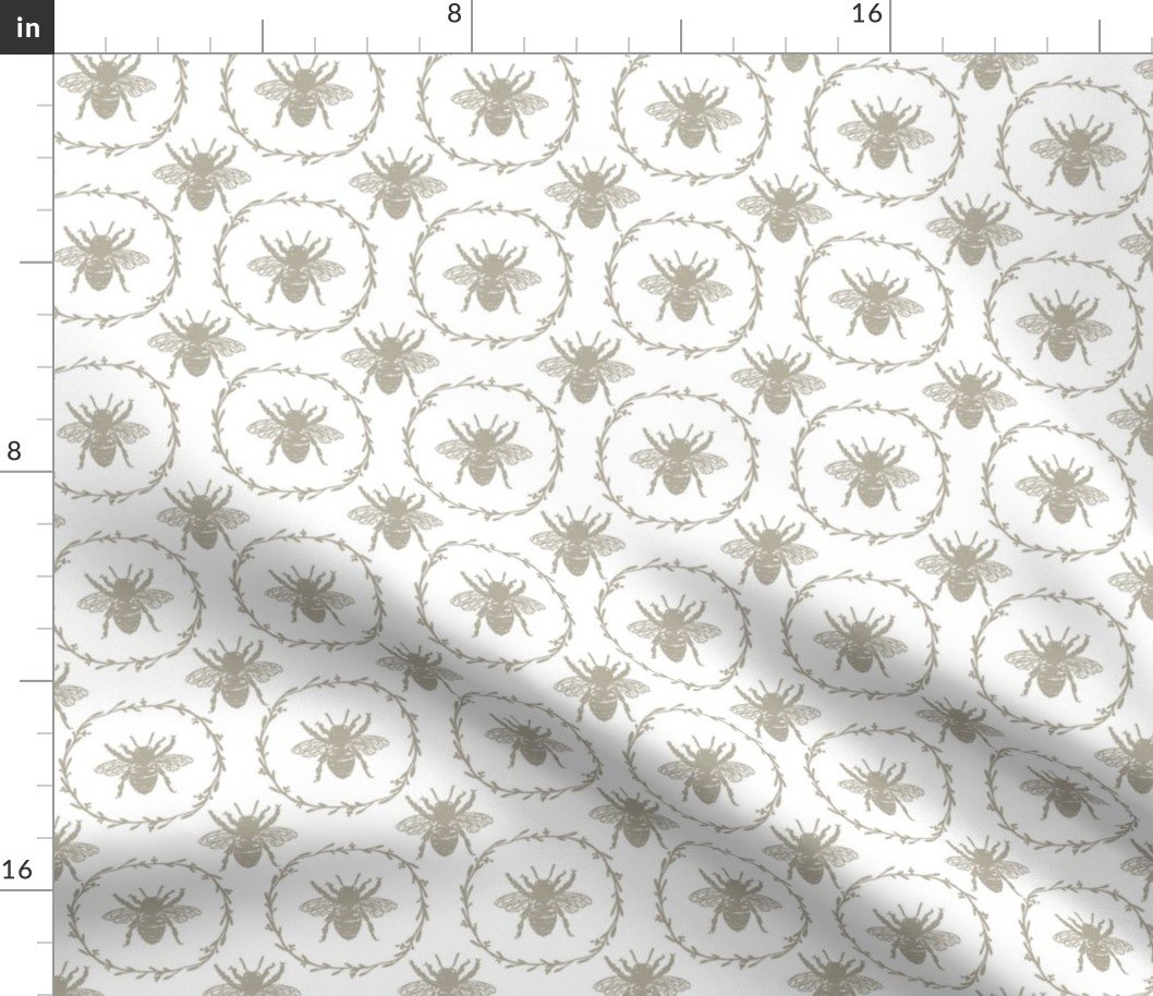 Small French Provincial Bees in Laurel Wreaths in Beige on White Fabric