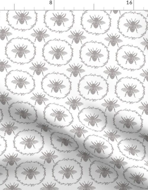 Small French Provincial Bees in Laurel Wreaths in Fawn on White Fabric
