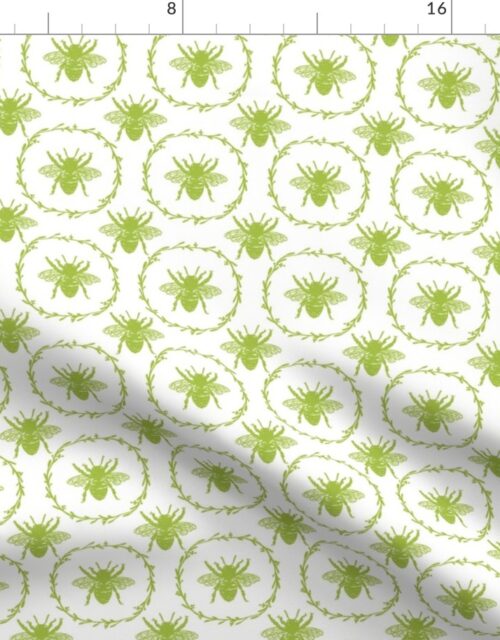 Small French Provincial Bees in Laurel Wreaths in Fresh Green on White Fabric
