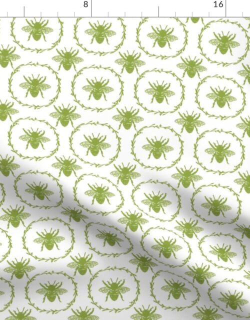 Small French Provincial Bees in Laurel Wreaths in Grass Green on White Fabric