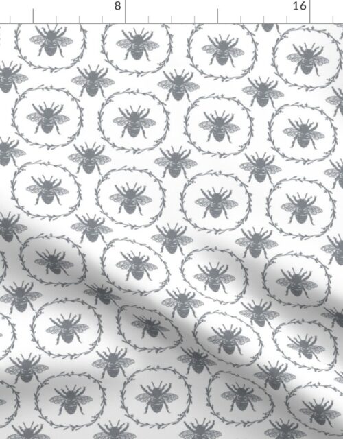 Small French Provincial Bees in Laurel Wreaths in Grey Blue on White Fabric