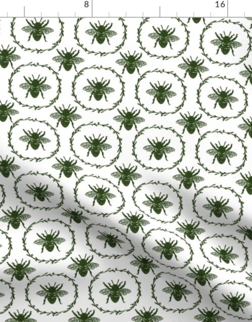 Small French Provincial Bees in Laurel Wreaths in Lichen Green on White Fabric