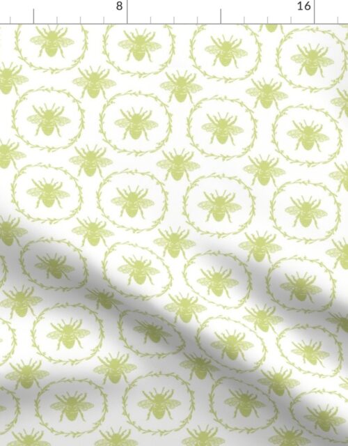 Small French Provincial Bees in Laurel Wreaths in New Green on White Fabric