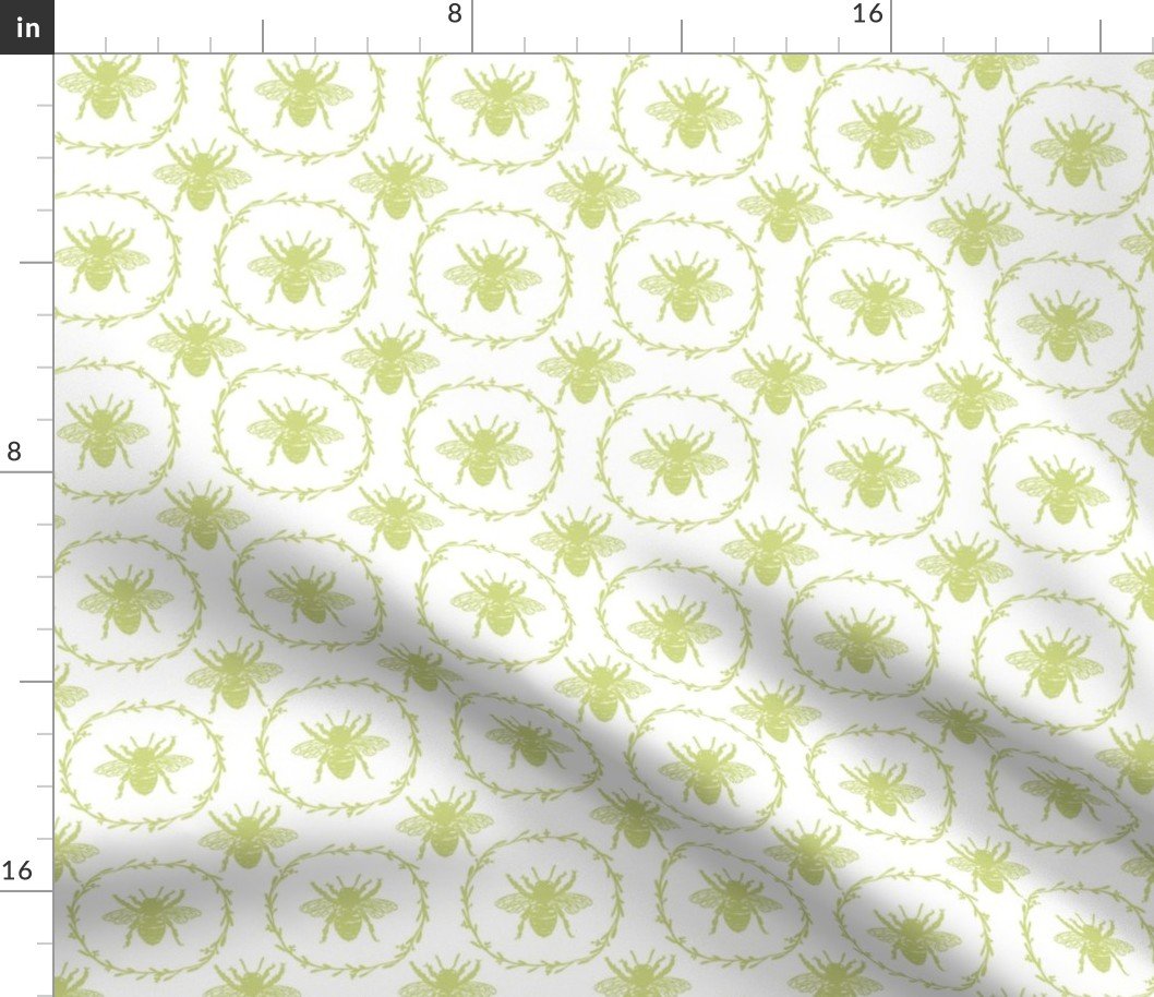 Small French Provincial Bees in Laurel Wreaths in New Green on White Fabric