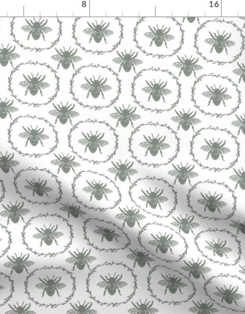 Small French Provincial Bees in Laurel Wreaths in Sage Green on White Fabric