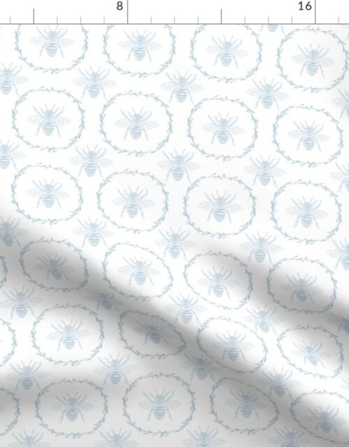 Small French Provincial Bees in Laurel Wreaths in Sky Blue on White Fabric