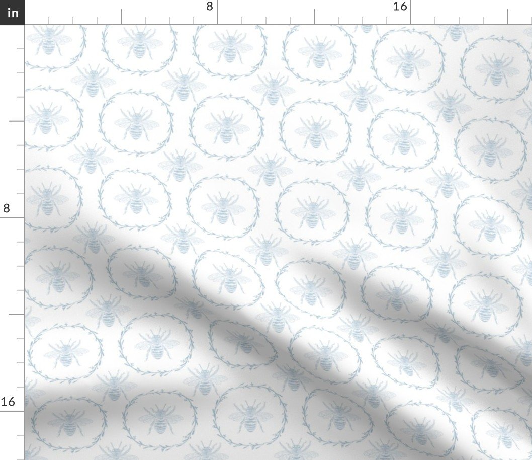 Small French Provincial Bees in Laurel Wreaths in Sky Blue on White Fabric