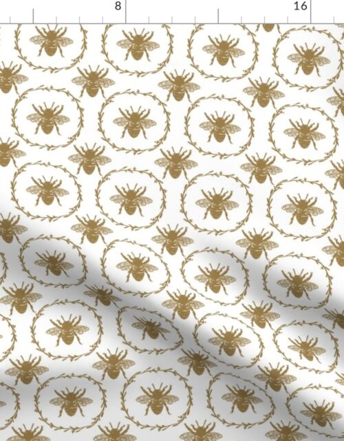 Small French Provincial Bees in Laurel Wreaths in Tan on White Fabric