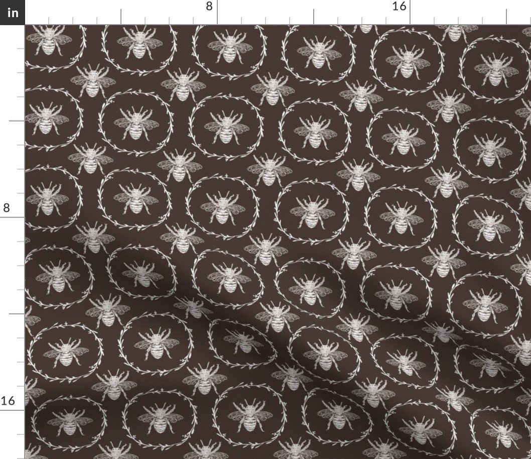 Small French Provincial Bees in Laurel Wreaths in White on Chocolate Fabric