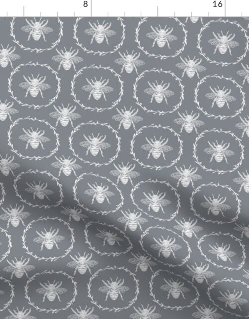 Small French Provincial Bees in Laurel Wreaths in White on Grey Blue Fabric