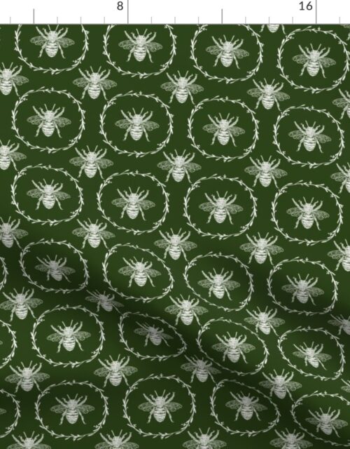 Small French Provincial Bees in Laurel Wreaths in White on Lichen Green Fabric