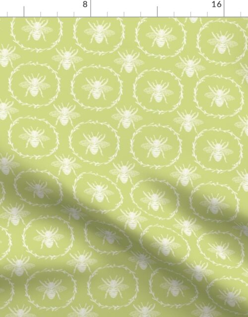 Small French Provincial Bees in Laurel Wreaths in White on New Green Fabric