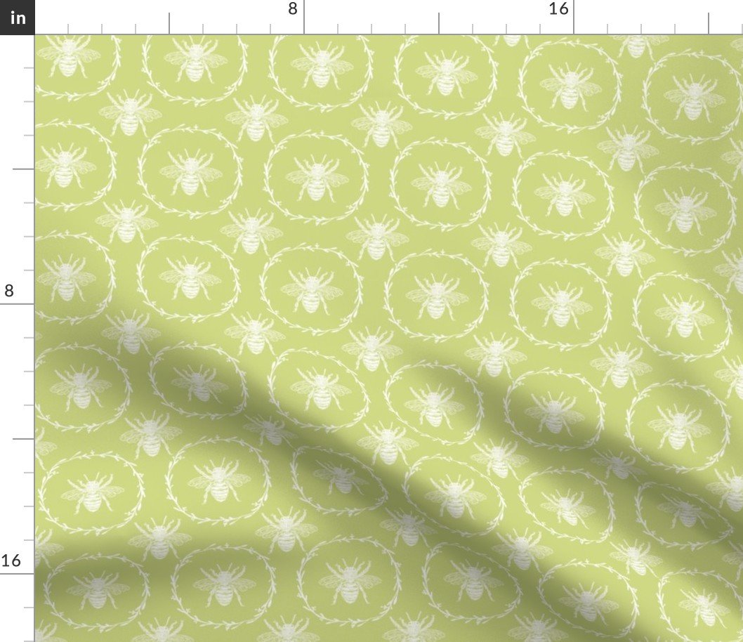 Small French Provincial Bees in Laurel Wreaths in White on New Green Fabric