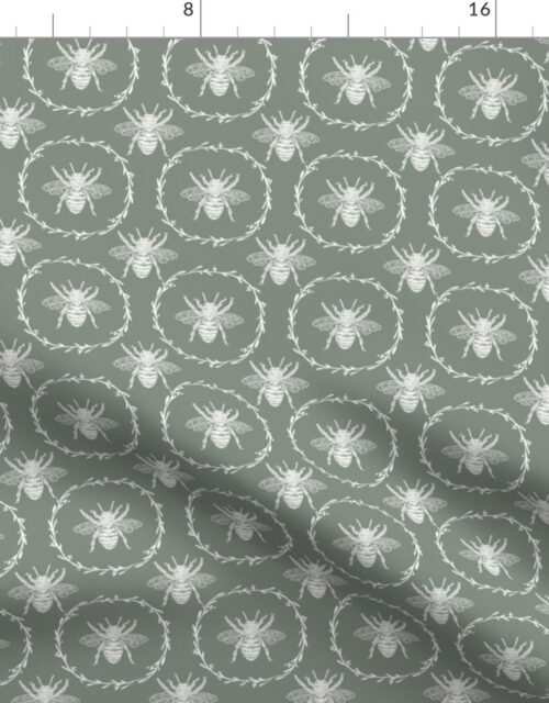Small French Provincial Bees in Laurel Wreaths in White on Sage Green Fabric
