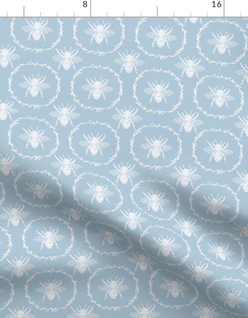 Small French Provincial Bees in Laurel Wreaths in White on Sky Blue Fabric