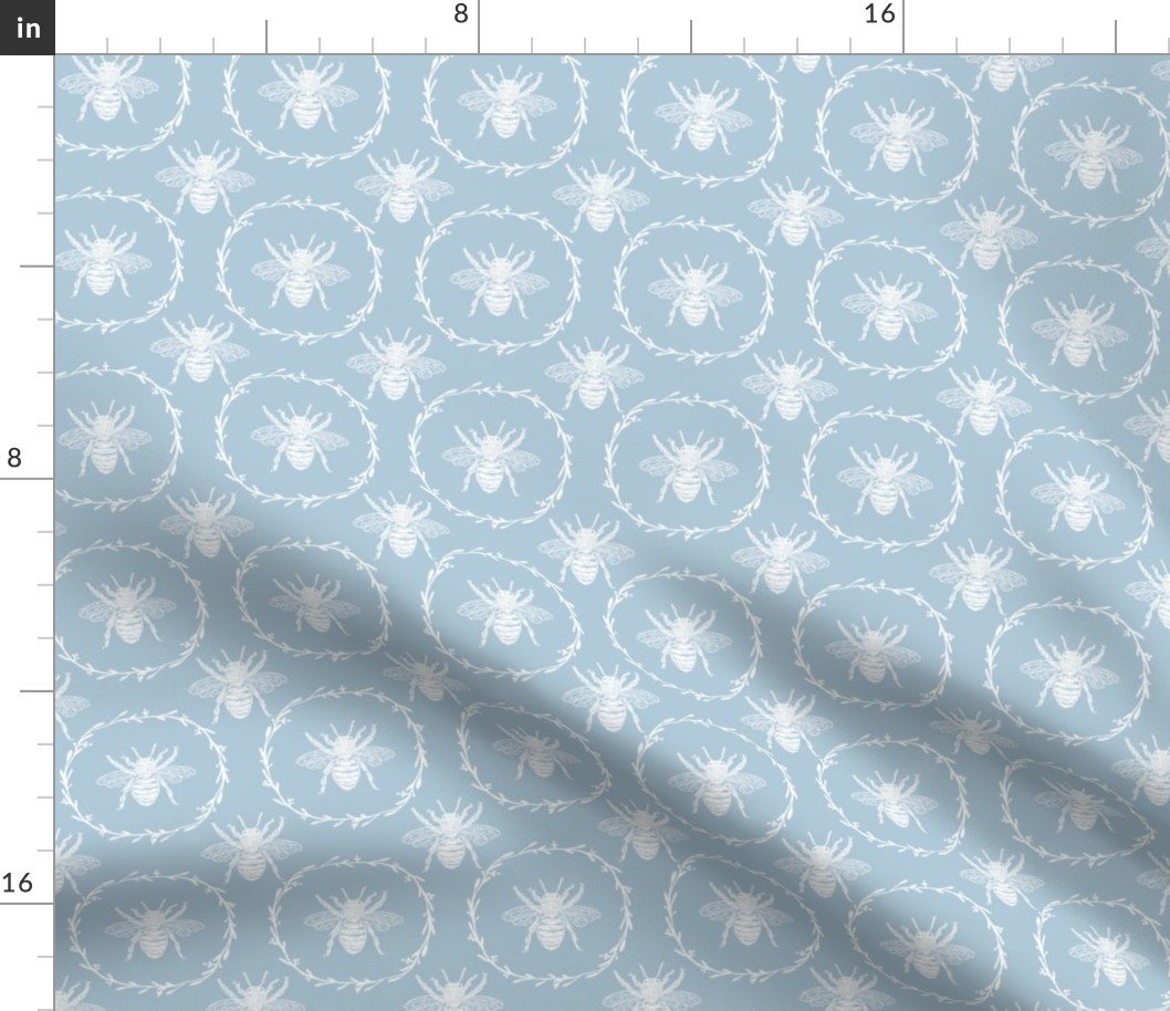 Small French Provincial Bees in Laurel Wreaths in White on Sky Blue Fabric