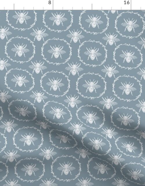 Small French Provincial Bees in Laurel Wreaths in White on Winter Blue Fabric