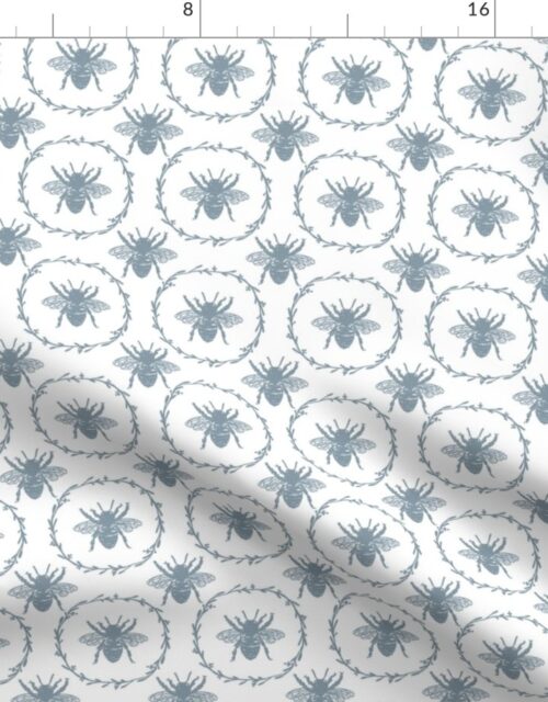 Small French Provincial Bees in Laurel Wreaths in Winter Blue on White Fabric