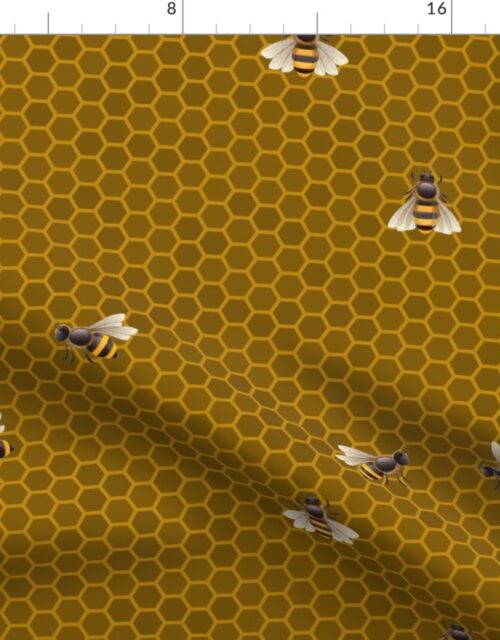 Small Golden Honey Honeycomb  Bee Hive Geometric Hexagonal Design with Bees Fabric
