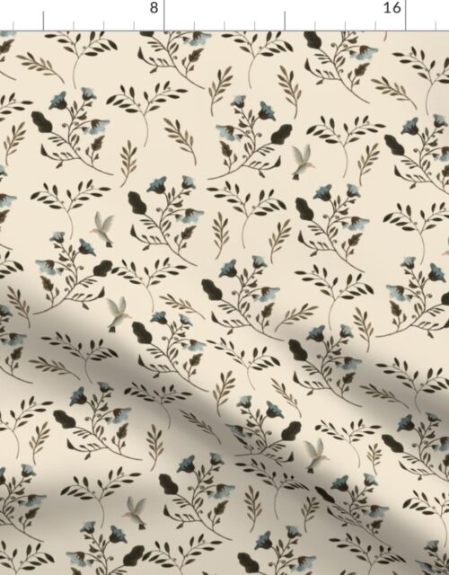 Small Handpainted Blue Bluebells and Bluebirds Floral Pattern Cream Fabric
