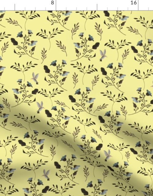 Small Handpainted Bluebells and Bluebirds Floral Pattern Flowers in Butter Yellow Fabric