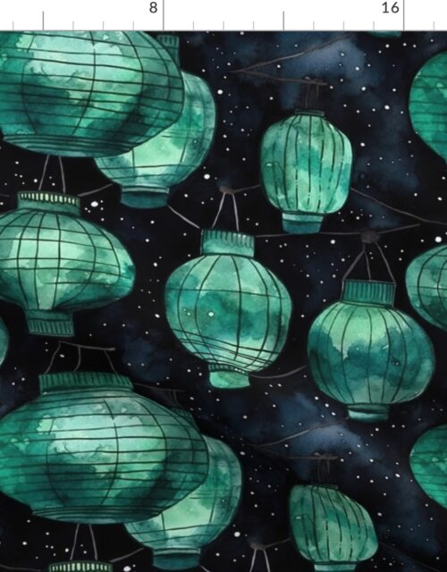 Small Jade Green Glowing Chinese Paper Lanterns Watercolor Fabric