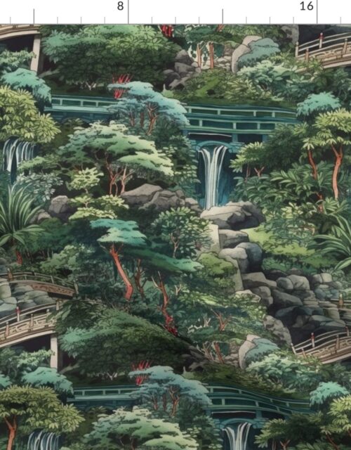 Small Japanese Water Garden with Bridges Fabric