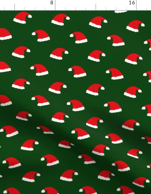 Small Jolly Old Saint Nick Red Santa Christmas Hats on Forest Green Fabric