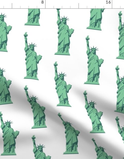 Small Lady Liberty Statues Repeat in Beguiling Green on White Fabric