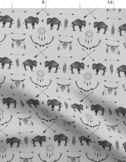 Small Light Grey Buffalo Handpainted Western Motifs Fabric