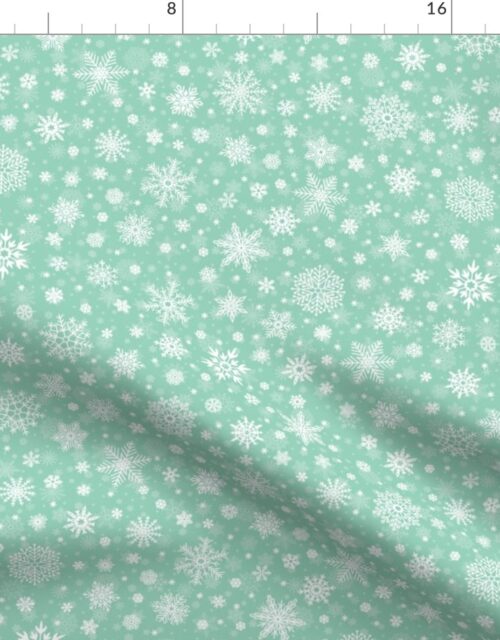 Small Merry Bright Mint Green  and White Splattered Snowflakes Fabric