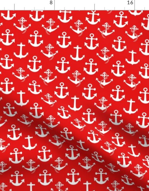 Small Nautical White Sailing Boat Anchors on Red Fabric