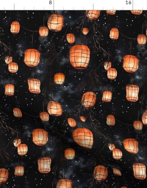 Small Orange Glowing Chinese Paper Lanterns Watercolor Fabric