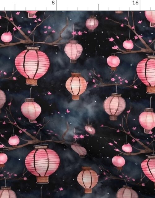 Small Pink Glowing Chinese Paper Lanterns Watercolor Fabric