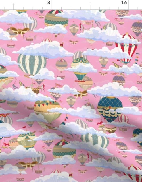 Small Pink Vintage Ornamental Winged Hot Air Helium Balloons in Clouds Race Fabric