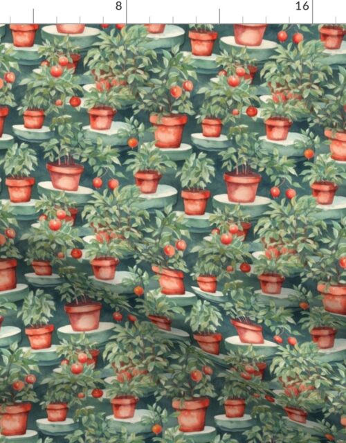 Small Potted Tomato Plants Watercolor on Green Fabric