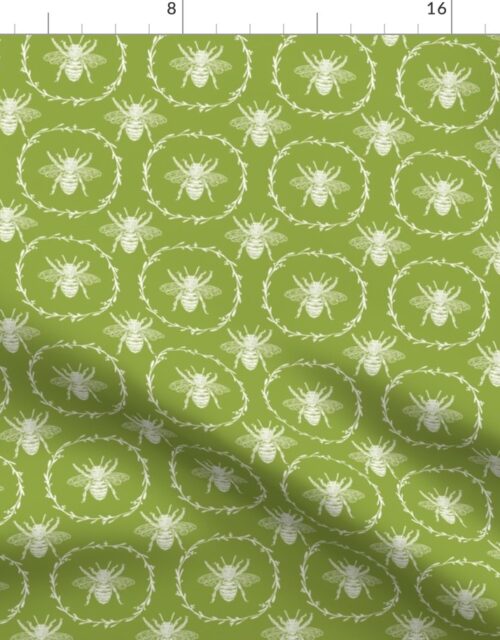 Small Provincial Bees in Laurel Wreaths in White on Grass Green Fabric