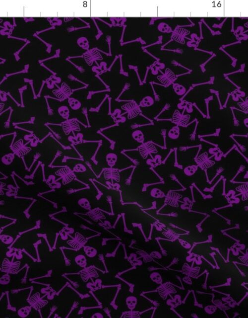 Small Purple Dancing Halloween Skeletons Scattered On Black Fabric