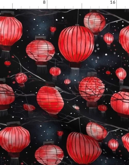 Small Red Glowing Chinese Paper Lanterns Watercolor Fabric