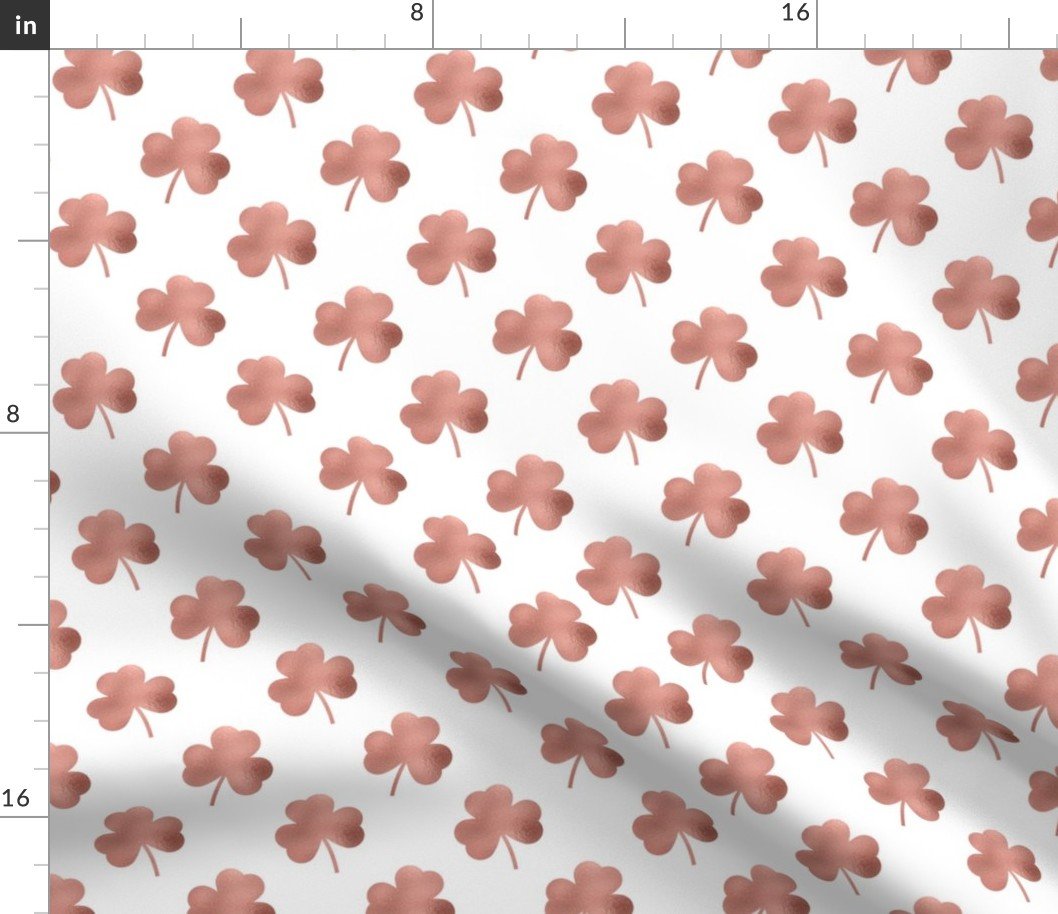 Small Rose Gold Faux Foil Heart-Shaped Clover on White St. Patricks Day Fabric
