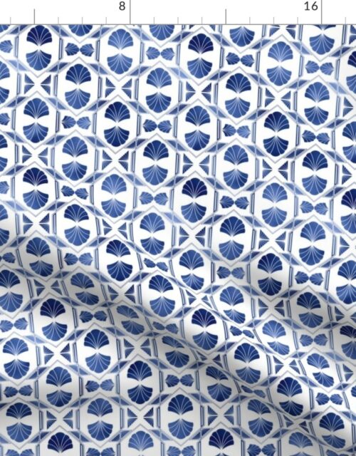 Small Scallop Shells in Blue and White Art Deco Vintage Foil Pattern Fabric