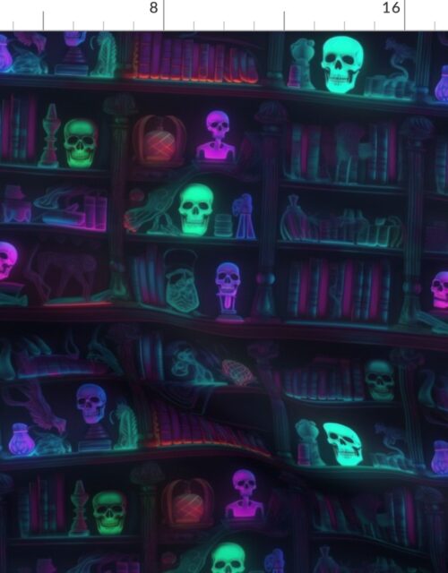 Small Spooky Photo-realistic Dark Academia Bookshelves in Bright Neons with Glowing Skulls Fabric