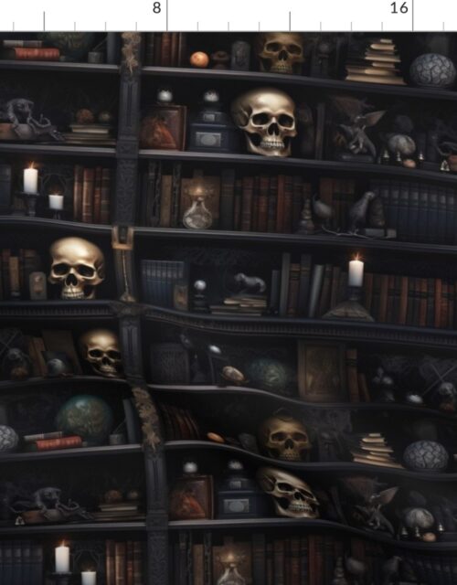 Small Spooky Photo-realistic Dark Academia Bookshelves in Muted Tones with Glowing Candles and Skulls Fabric