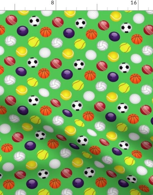 Small Sports Balls Soccer, Tennis, Basket, Base, Cricket, Volley, Golf, Soft and Pool Balls on Grass Green Fabric