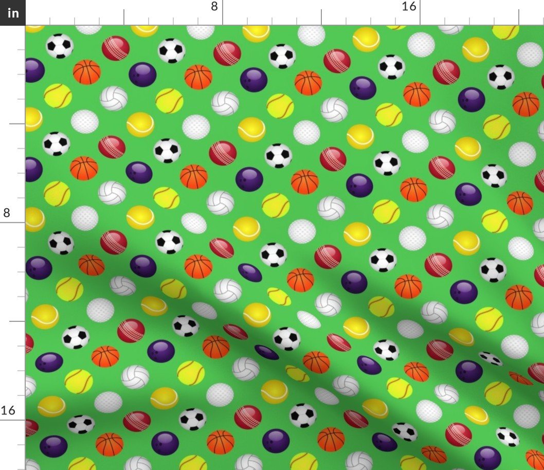 Small Sports Balls Soccer, Tennis, Basket, Base, Cricket, Volley, Golf, Soft and Pool Balls on Grass Green Fabric